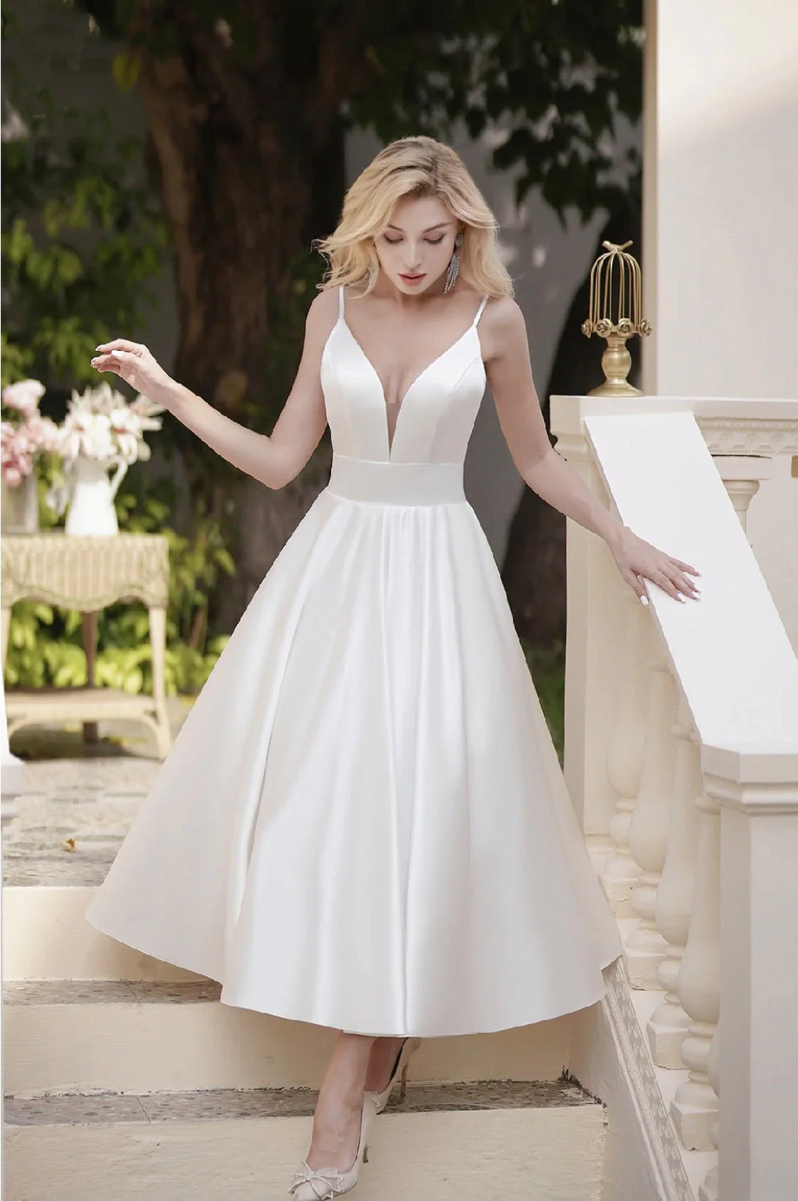 Simple Short Satin Wedding Minimalist V- Neckline Dress With Pockets