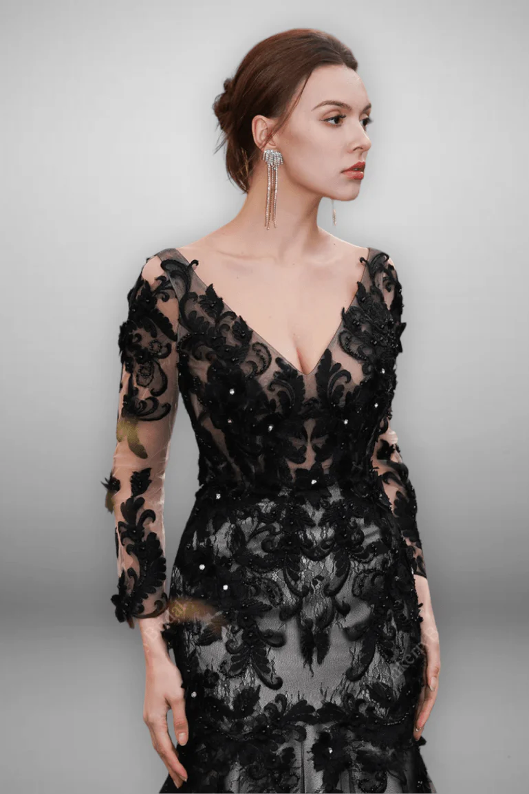 Gothic Black Lace Flower Mermaid Wedding Dress With Illusion Detachable Sleeves -  Plus Size - Image 3