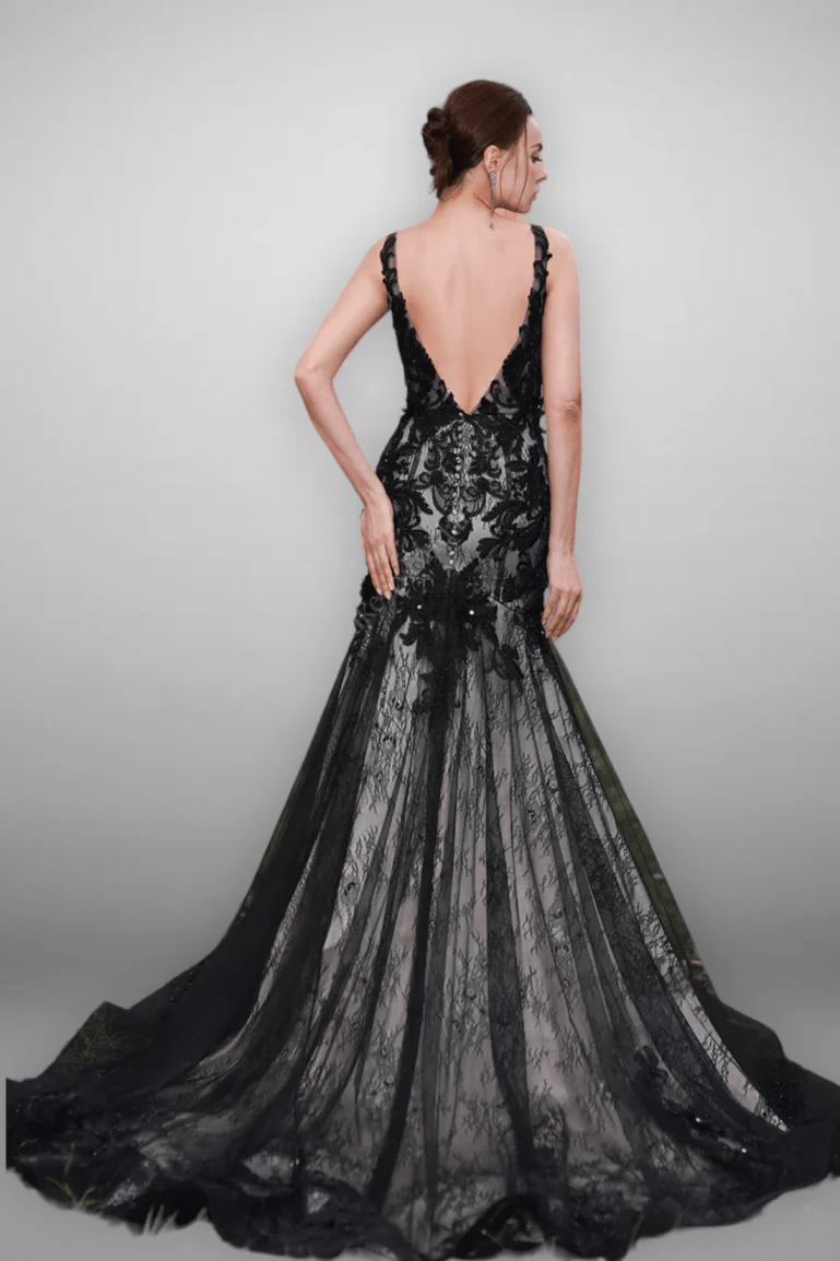 Gothic Black Lace Flower Mermaid Wedding Dress With Illusion Detachable Sleeves -  Plus Size - Image 4