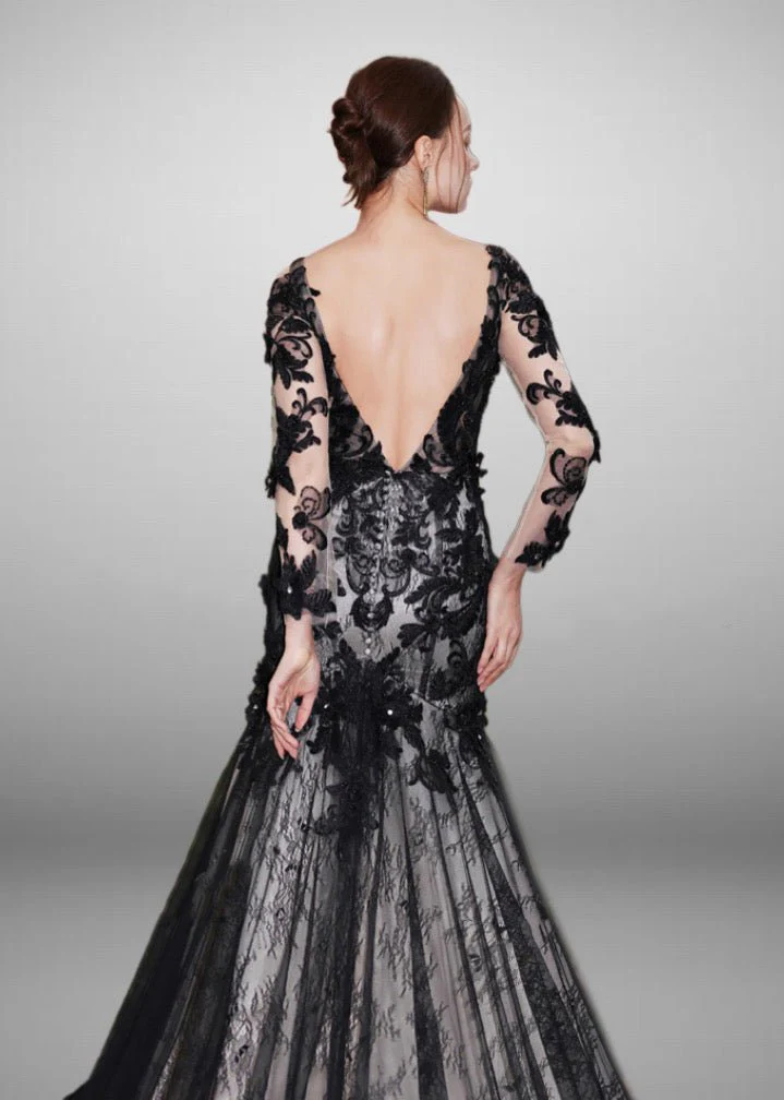 Gothic Black Lace Flower Mermaid Wedding Dress With Illusion Detachable Sleeves -  Plus Size - Image 5