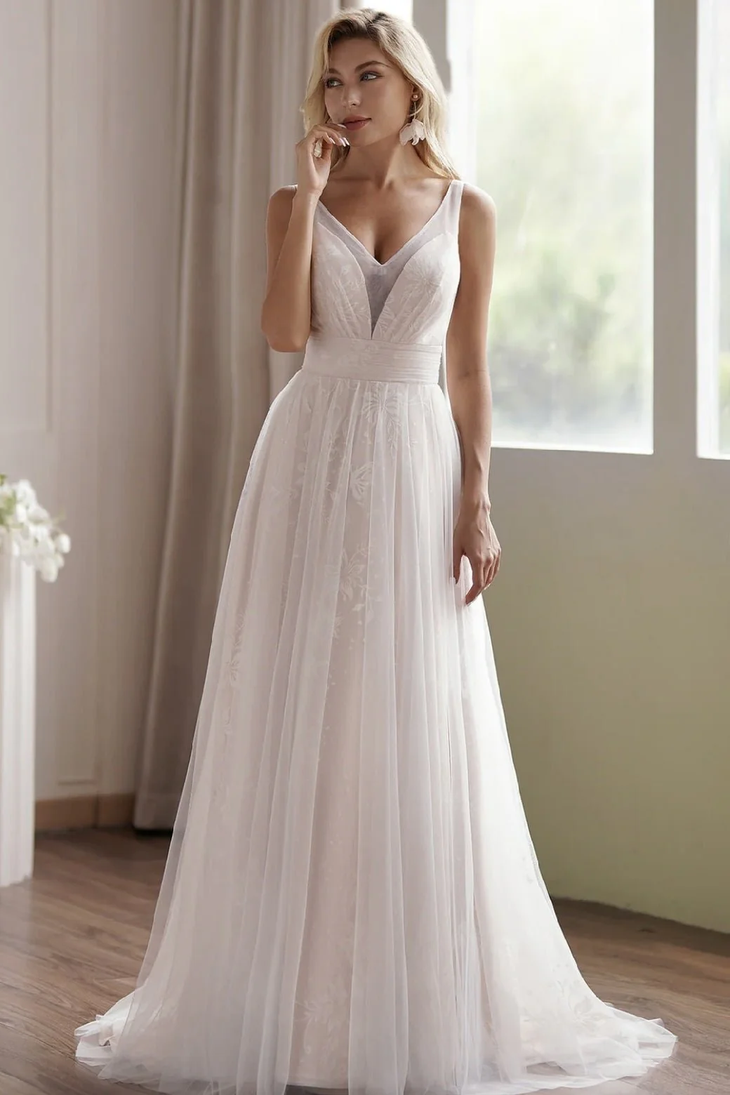 A-Line Princess V-Neck Sweep Train Tulle Lace Wedding Dress