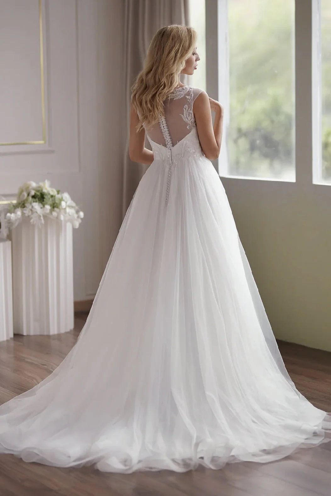 Illusion Cap Sleeve Beaded Lace Light Ivory Embroidery Tulle Wedding Dress - Image 3