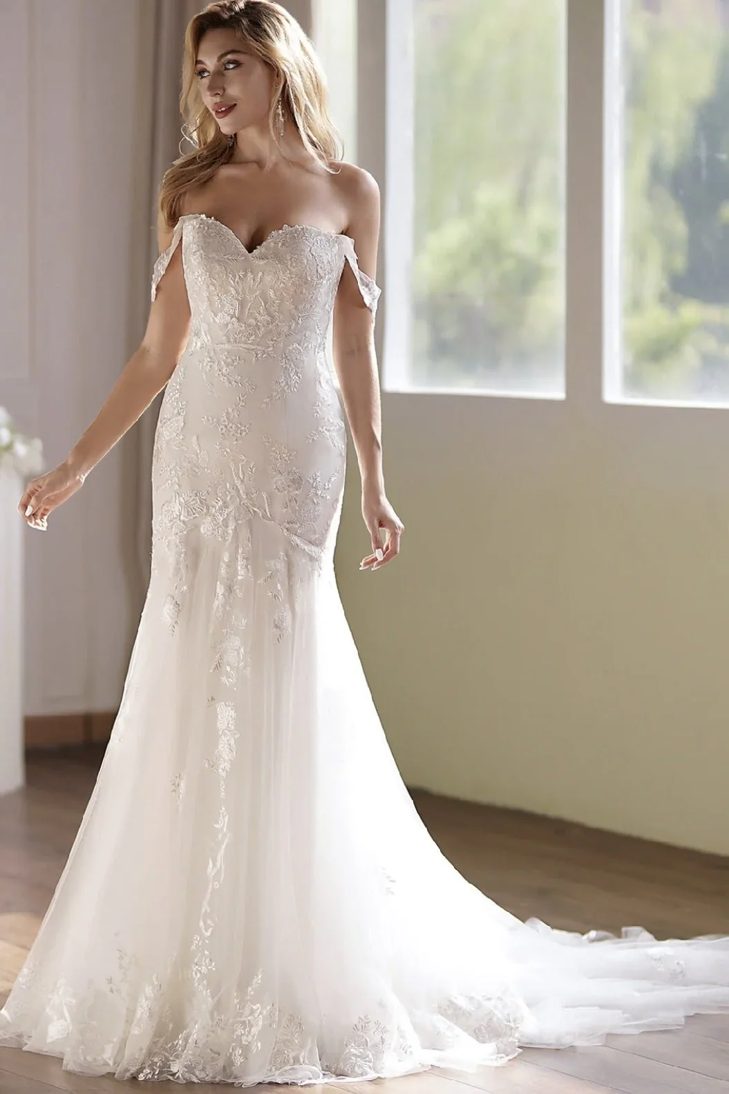 Floral Sequined Lace Embroidery Light Ivory Mermaid Bridal Gown With Dreamy Details