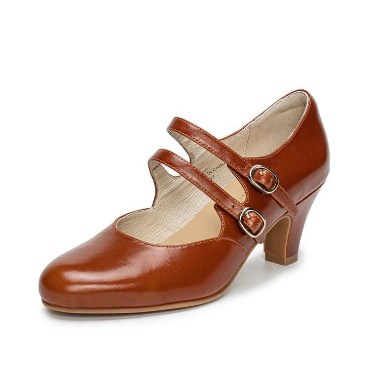 Handmade 1930s Inspired Double Strap Mary Jane Heels - Retro Brown Leather