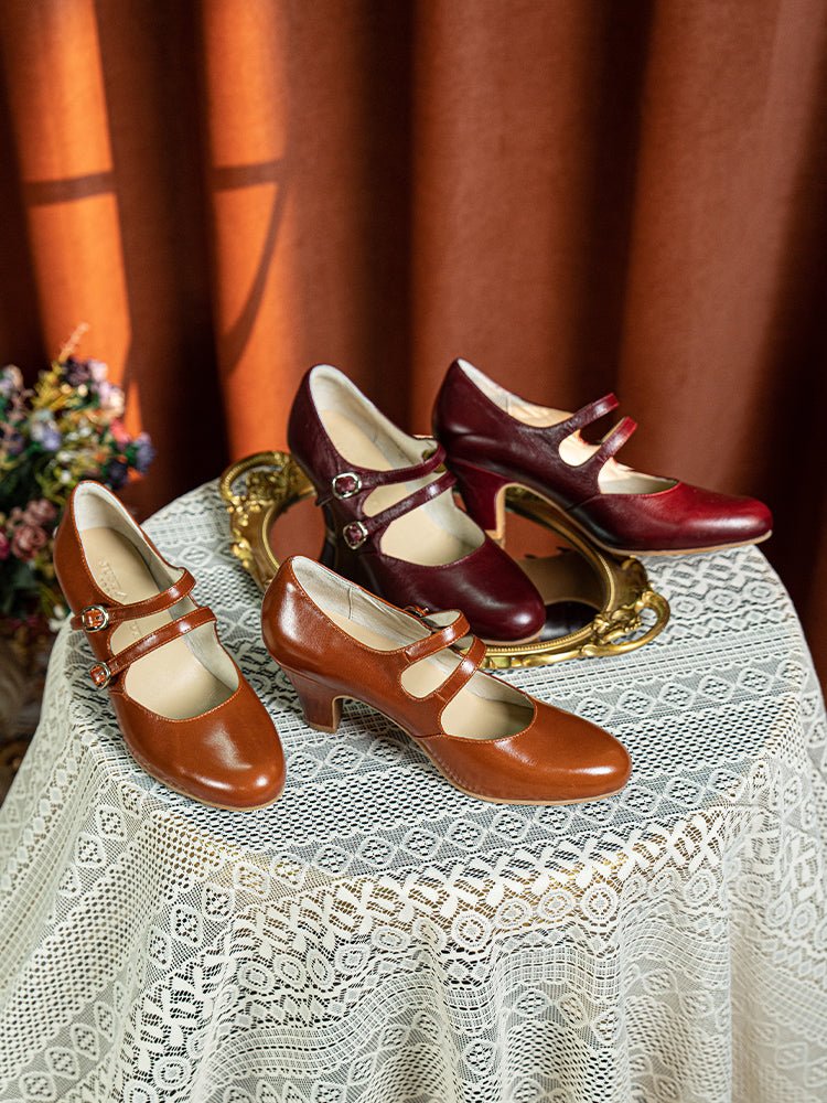 Handmade 1930s Inspired Double Strap Mary Jane Heels - Retro Brown Leather - Image 3