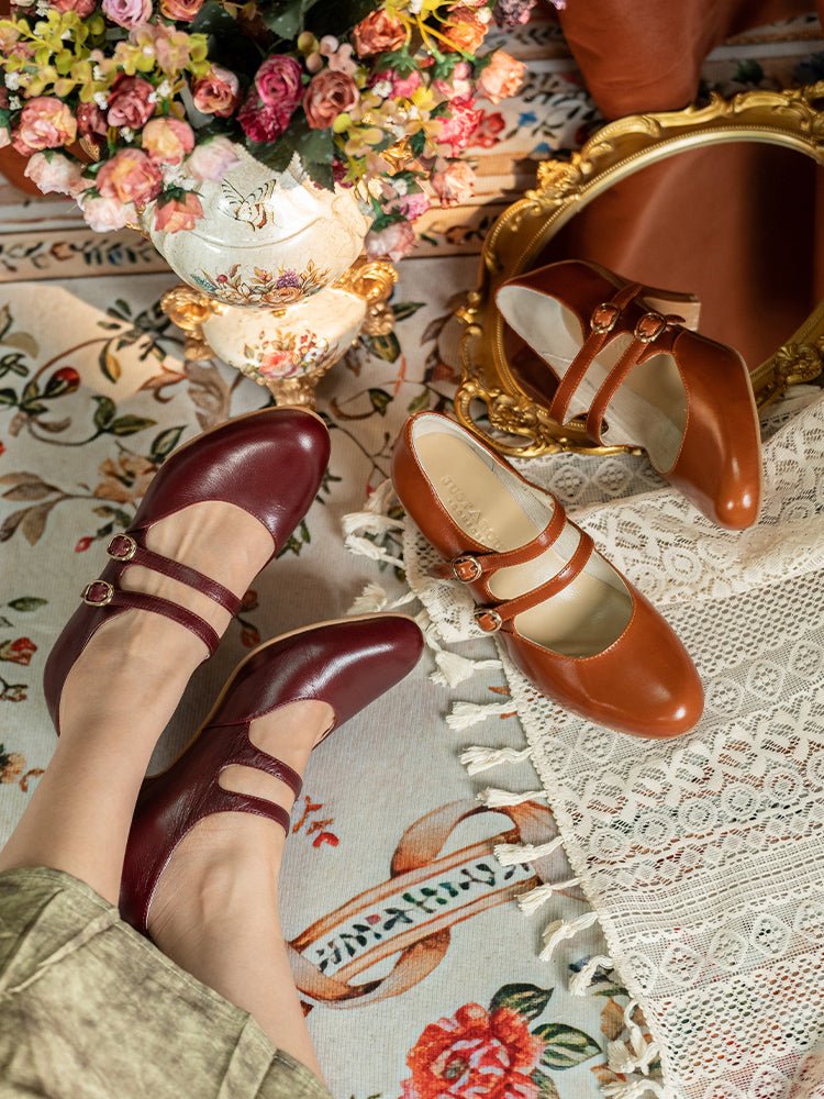 Handmade 1930s Inspired Double Strap Mary Jane Heels - Retro Brown Leather - Image 4