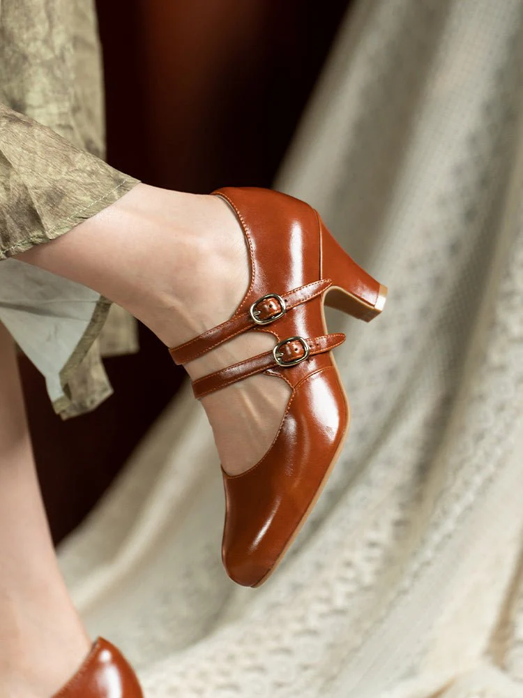 Handmade 1930s Inspired Double Strap Mary Jane Heels - Retro Brown Leather - Image 5
