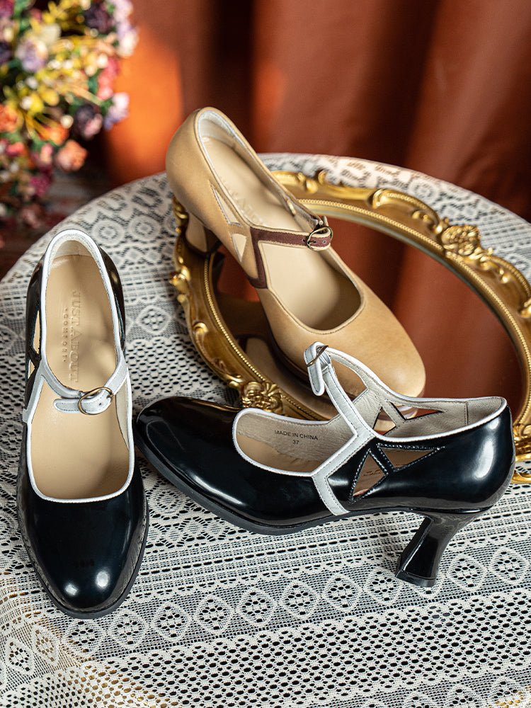 Handmade Retro T-Strap Art Deco Heels - Two-Tone Leather - Image 5