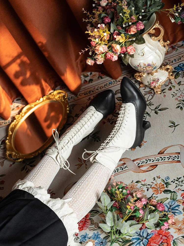 Handmade Victorian-Inspired Lace-Up Two-Tone Boots - Regency Era Vintage Heels - Image 3