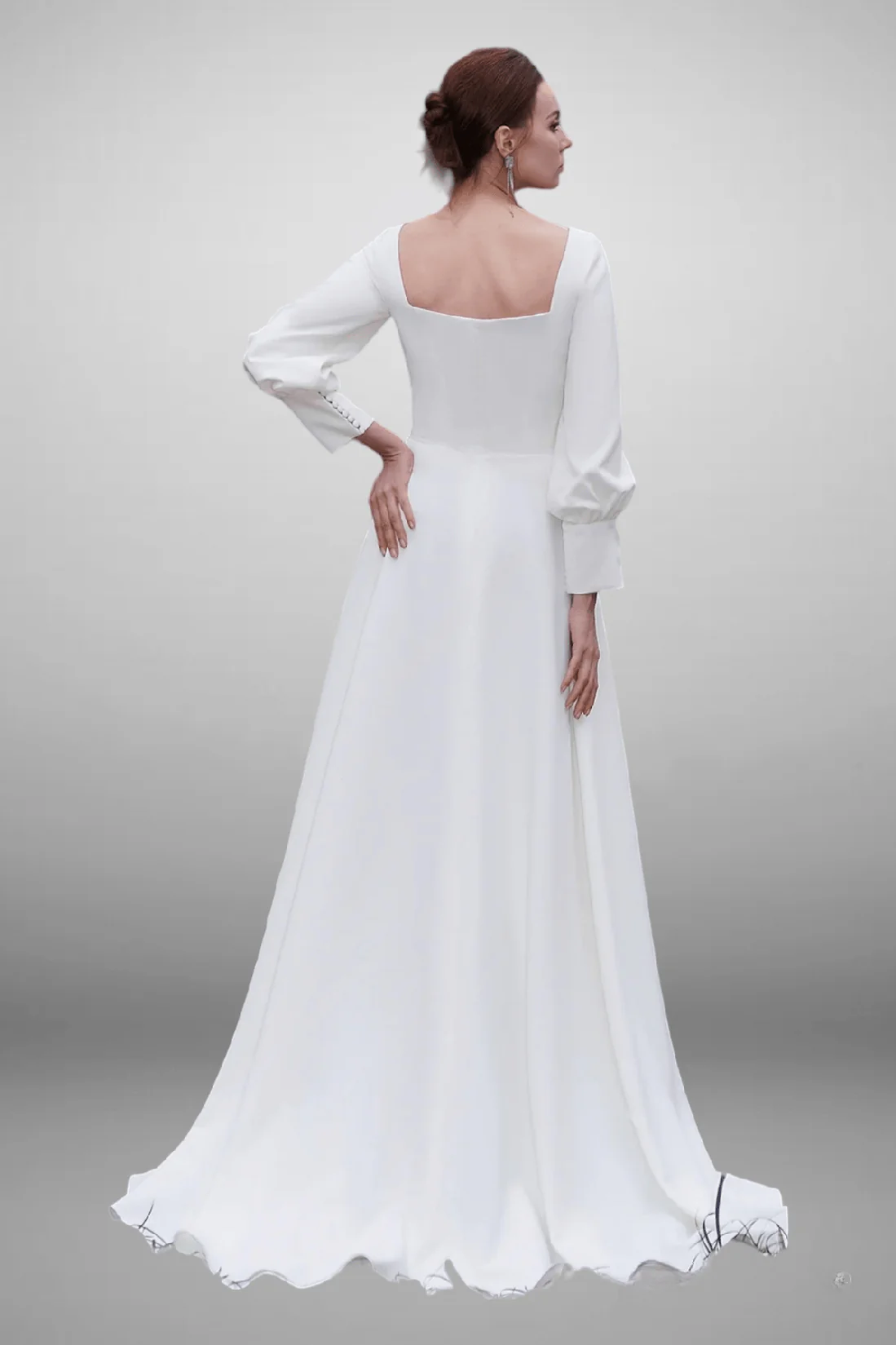Vintage Simple Long Puff Sleeves A-Line Bateau Neckline Light Ivory Floor Length Bridal Gown - Image 3