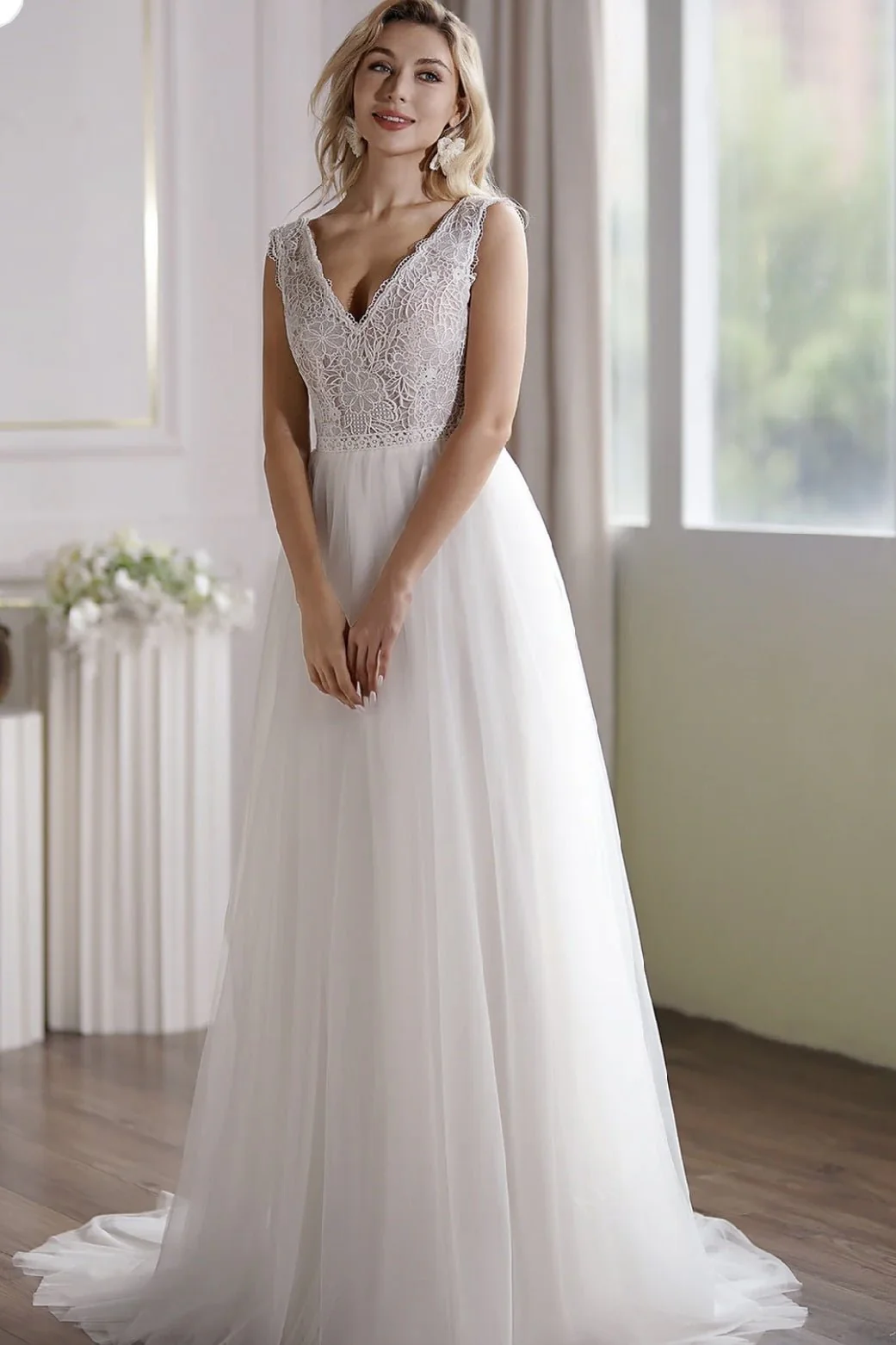 Illusion Lace Light Ivory Embroidery Boho Wedding Dress With Alluring Open Back