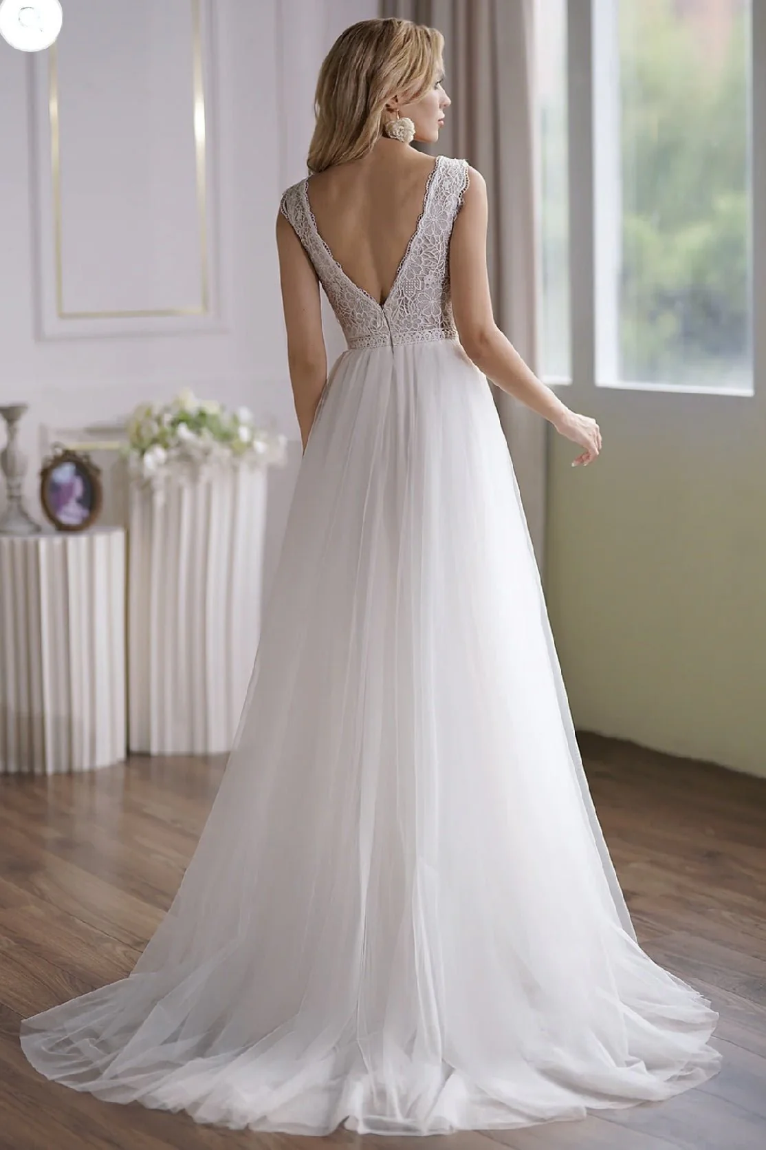 Illusion Lace Light Ivory Embroidery Boho Wedding Dress With Alluring Open Back - Image 3