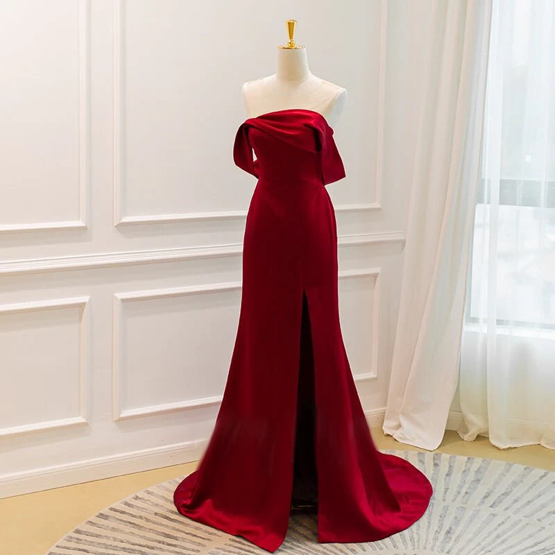 Off Shoulder Burgundy Acetic High-slit Formal Dress Long Plus Size