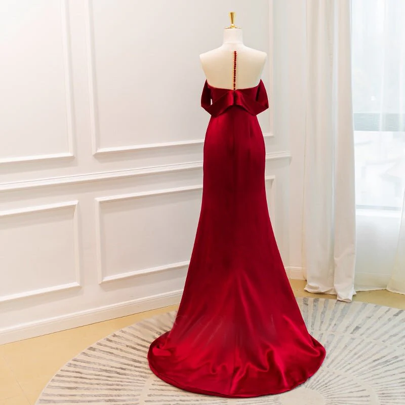 Off Shoulder Burgundy Acetic High-slit Formal Dress Long Plus Size - Image 3