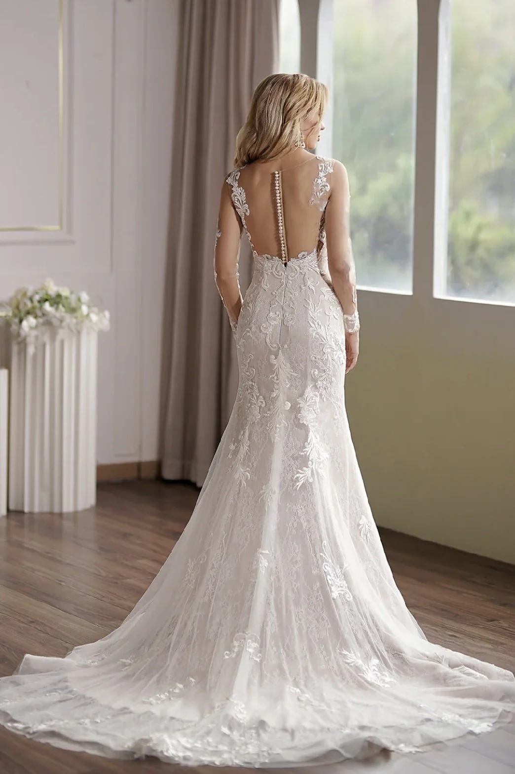 Long Sleeve Lace Embroidery Applique Mermaid  Bridal Dress With Illusion Back - Image 3