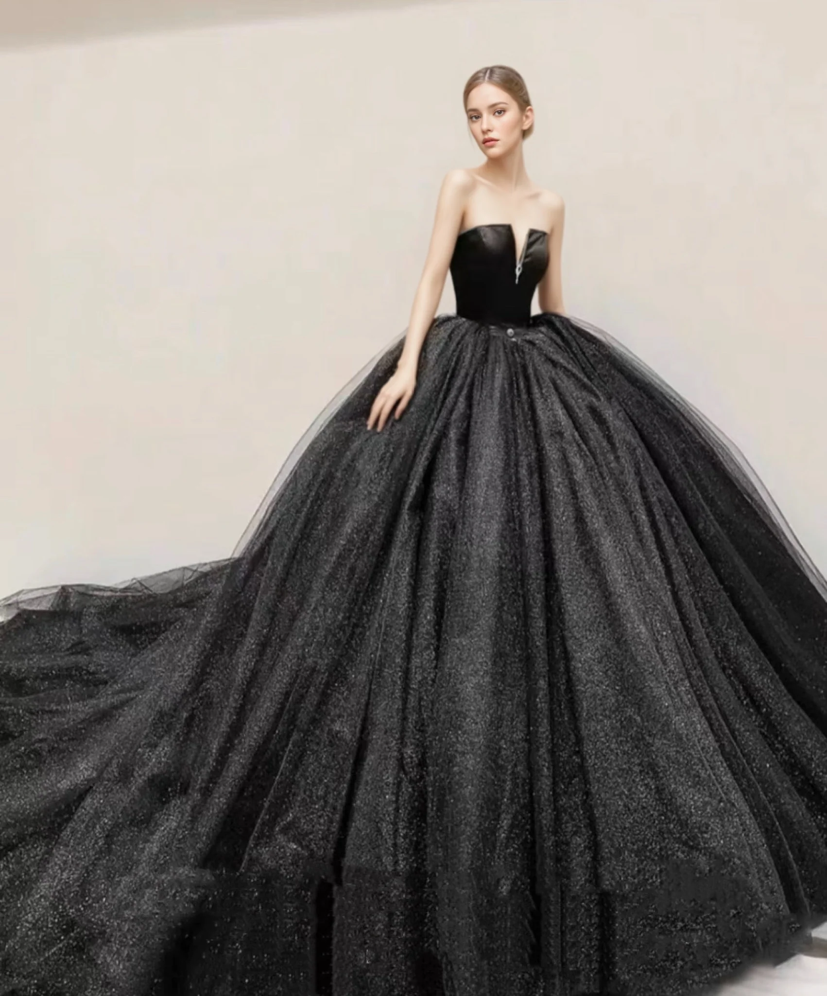 Gothic Off Shoulder Black Deep V-neck Wedding Dress With Train Ball Gown Plus Size