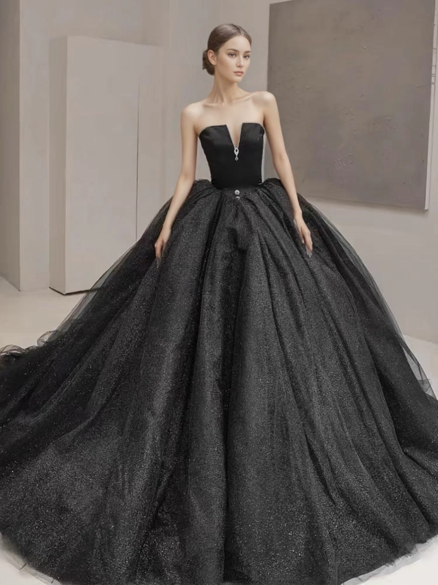 Gothic Off Shoulder Black Deep V-neck Wedding Dress With Train Ball Gown Plus Size - Image 2
