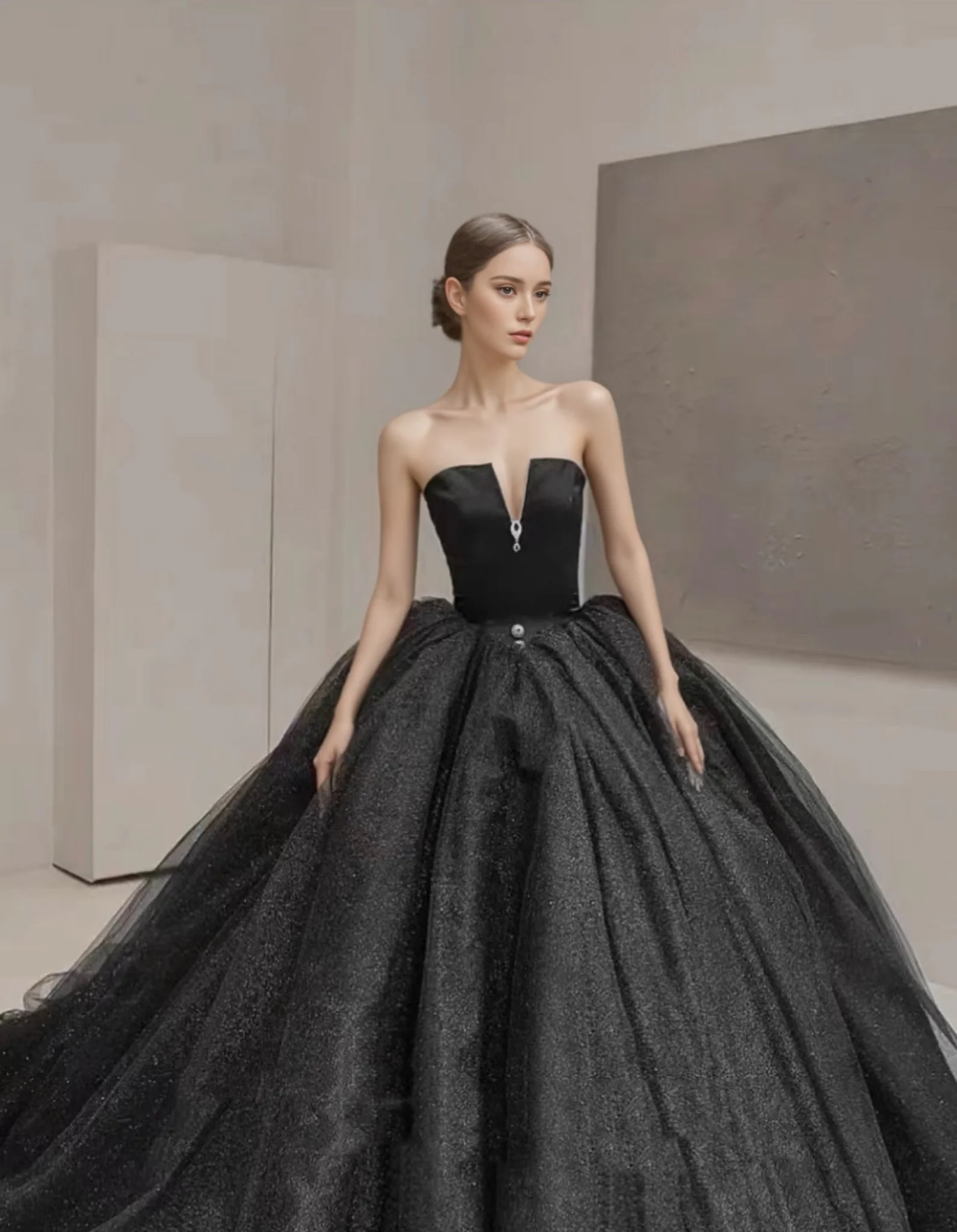 Gothic Off Shoulder Black Deep V-neck Wedding Dress With Train Ball Gown Plus Size - Image 3