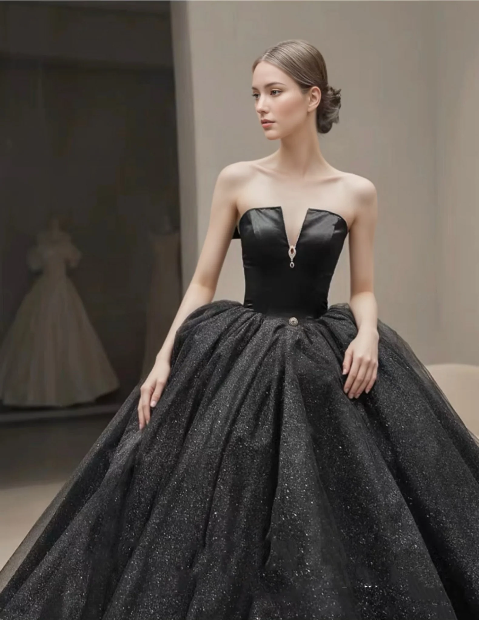 Gothic Off Shoulder Black Deep V-neck Wedding Dress With Train Ball Gown Plus Size - Image 4