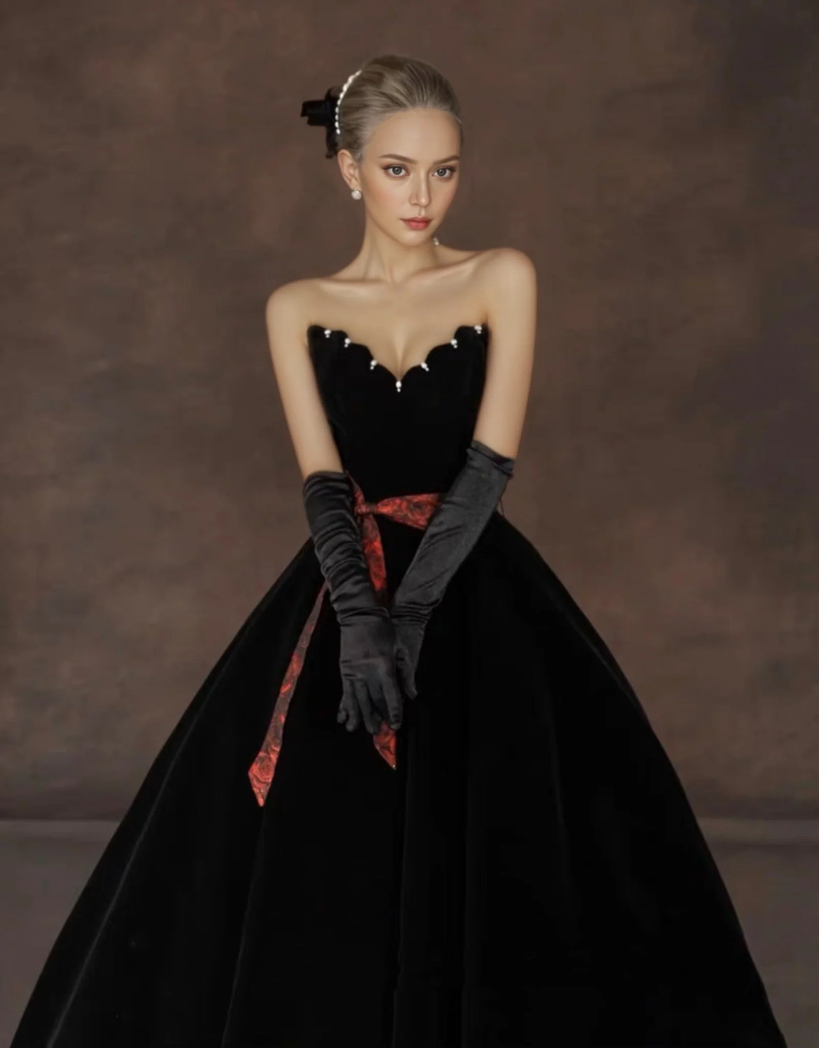 Gothic Black Wedding Dress With Red Jacquard Trim And Belt - Off Shoulder Sweetheart Ball Gown Plus Size - Image 6