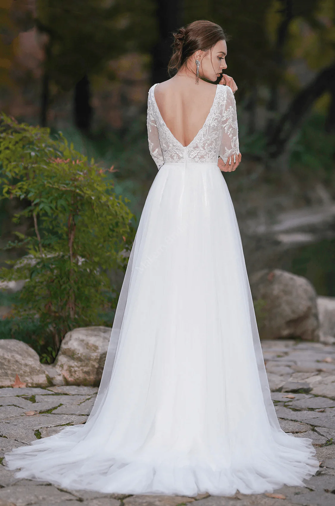A-Line Boho Light Ivory Embroidery Wedding Dress With V-neck Long Sleeves - Plus Size - Image 3