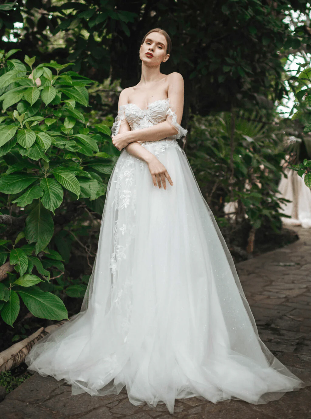Aline Ball Gown Wedding Dress with Lace Straps - Floral Applique Wedding Dress with Tulle Skirt Plus Size - ELINA