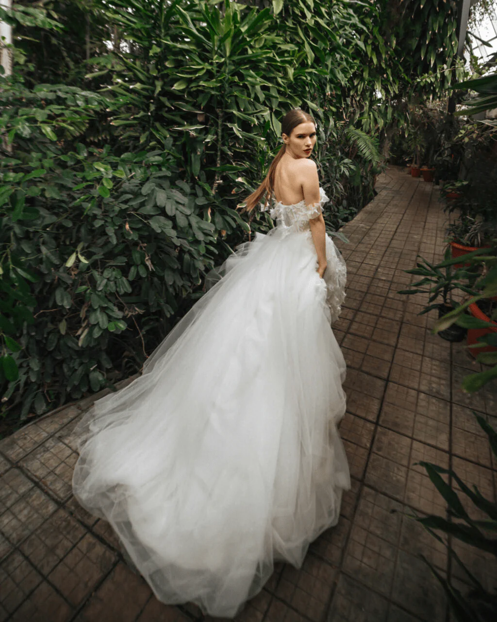 Aline Ball Gown Wedding Dress with Lace Straps - Floral Applique Wedding Dress with Tulle Skirt Plus Size - ELINA - Image 4