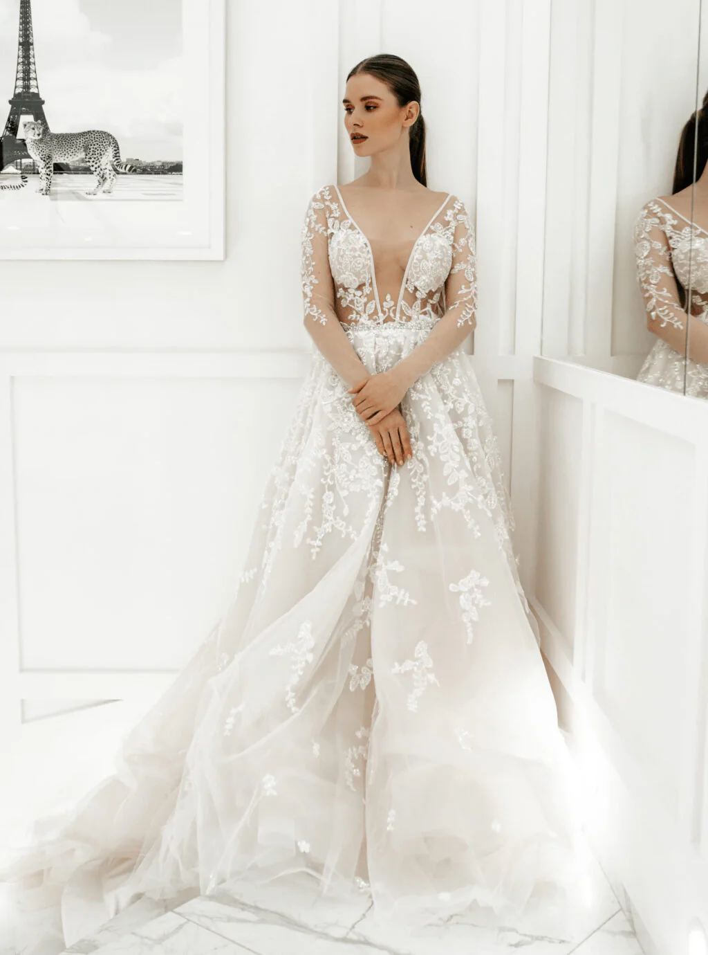 Aline Wedding Dress and Floral applique Wedding Dress - Sheer Bridal Gown with Open Back Plus Size - MONACO