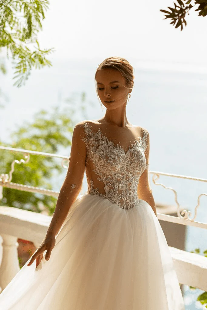 Aline Wedding Dress with Lace Sleeves - Floral Beaded Dress - Lace Bodice Wedding Gown Plus Size - Image 3
