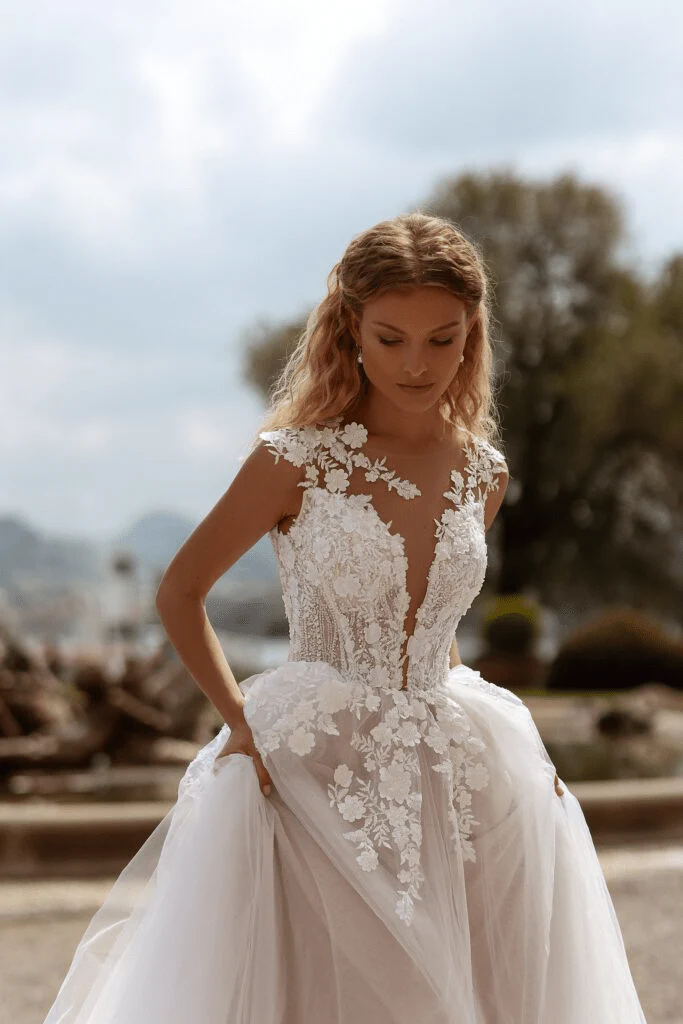 Aline Wedding Dress with Lace Sleeves - Foral Lace Wedding Dress - Sheer Corset Dress with Train Plus Size - Image 3