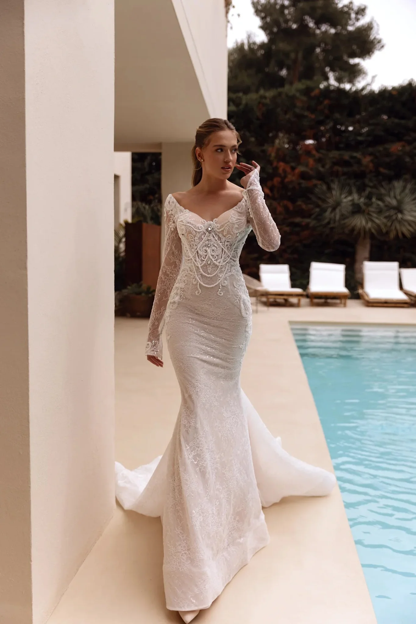 White Long-Sleeve Lace Mermaid Wedding Dress with Deep V-Neckline - Plus Size-Amarilla