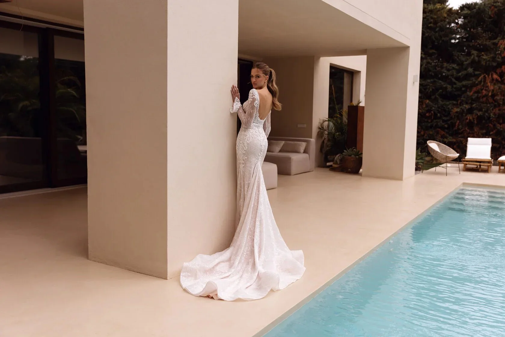 White Long-Sleeve Lace Mermaid Wedding Dress with Deep V-Neckline - Plus Size-Amarilla - Image 4