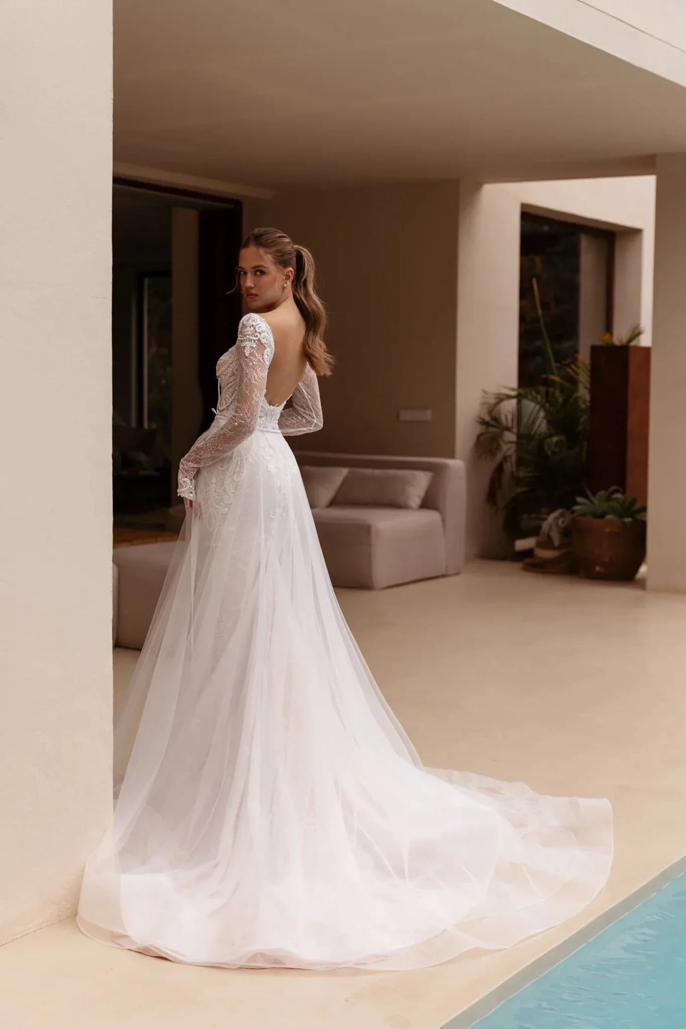 White Long-Sleeve Lace Mermaid Wedding Dress with Deep V-Neckline - Plus Size-Amarilla - Image 6