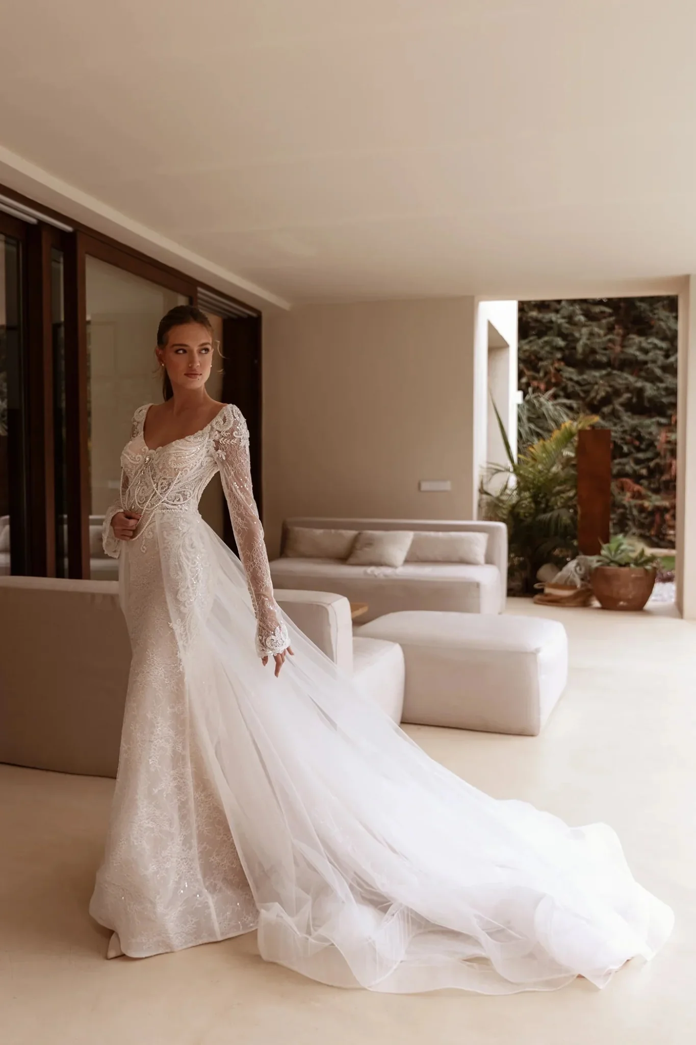 White Long-Sleeve Lace Mermaid Wedding Dress with Deep V-Neckline - Plus Size-Amarilla - Image 7
