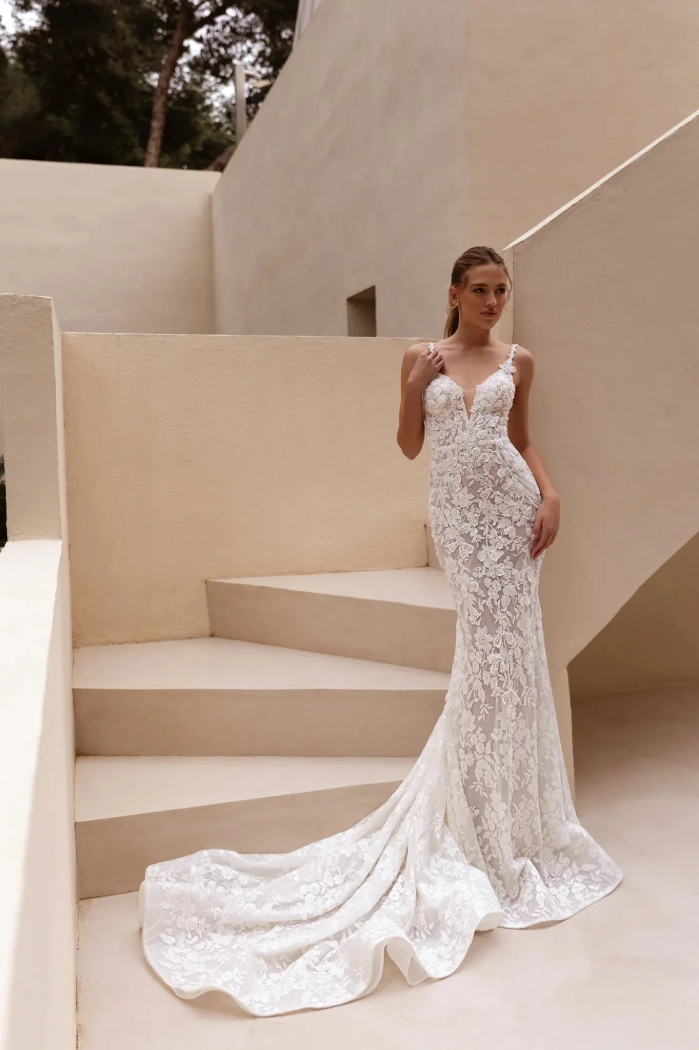 White Lace Mermaid Wedding Dress with Floor-Length Train - Plus Size-Andora