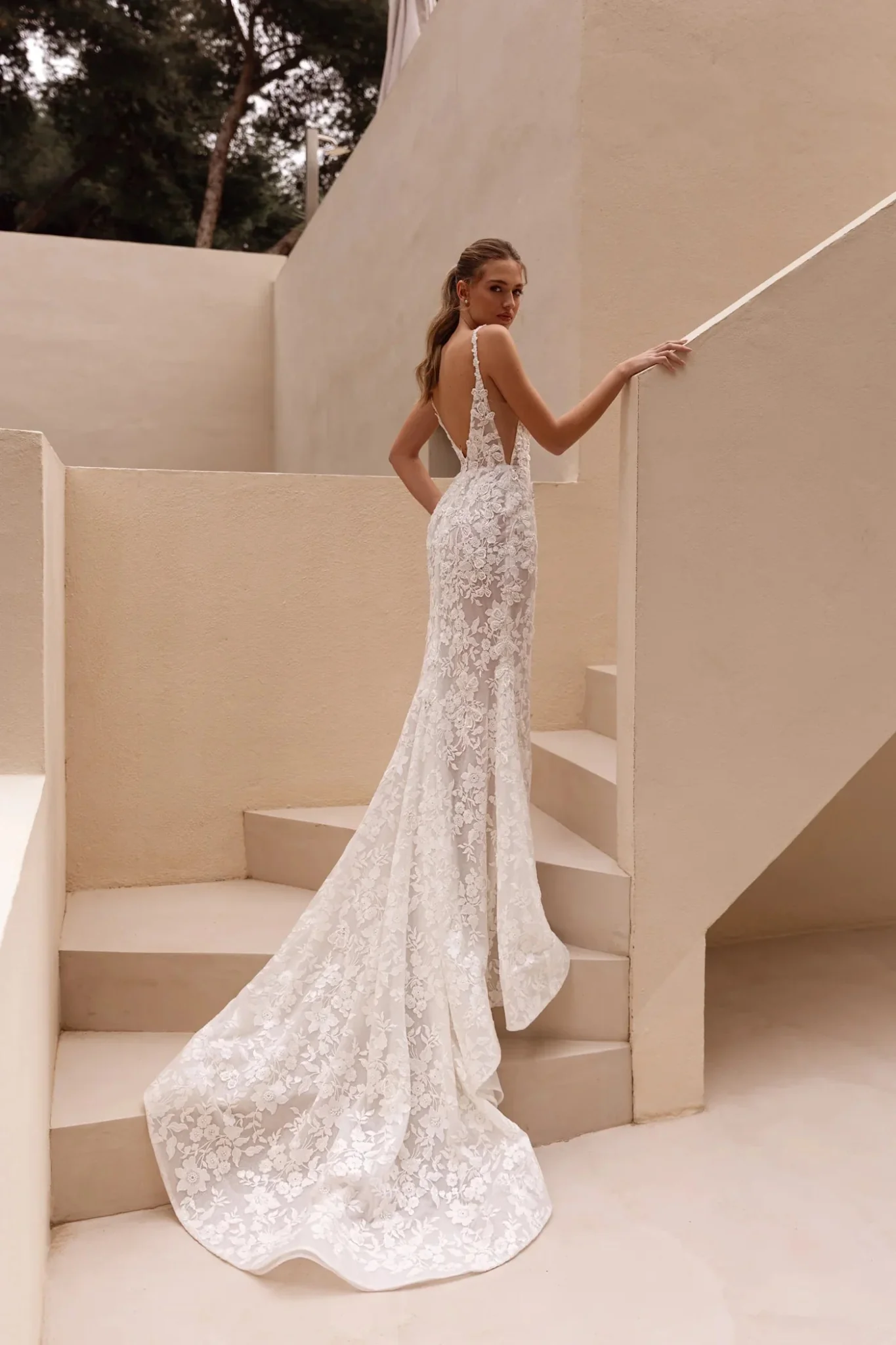 White Lace Mermaid Wedding Dress with Floor-Length Train - Plus Size-Andora - Image 6