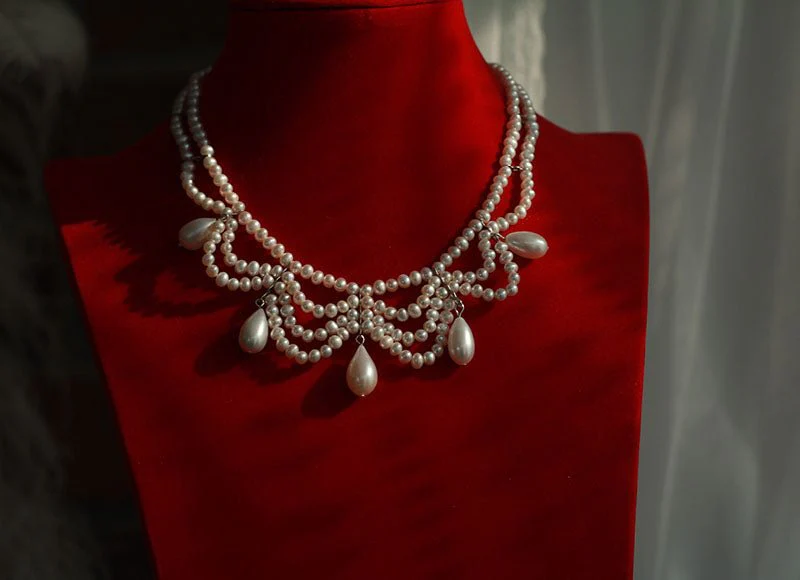 Handmade Victorian Drop Pearl Necklace - Victorian style Chocker-  Multi-Strand - Image 5