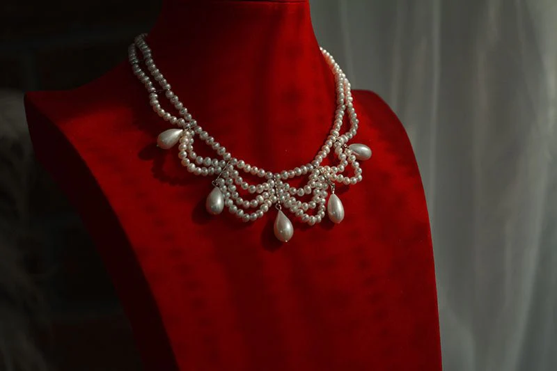 Handmade Victorian Drop Pearl Necklace - Victorian style Chocker-  Multi-Strand - Image 6
