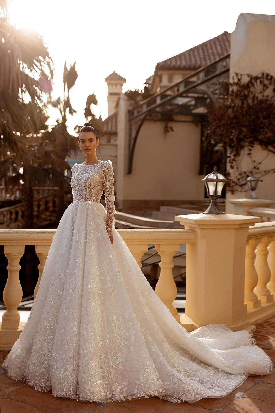 White Long-Sleeved Floral Lace Wedding Dress with Open Back and Flowing Train- Plus Size-Areli