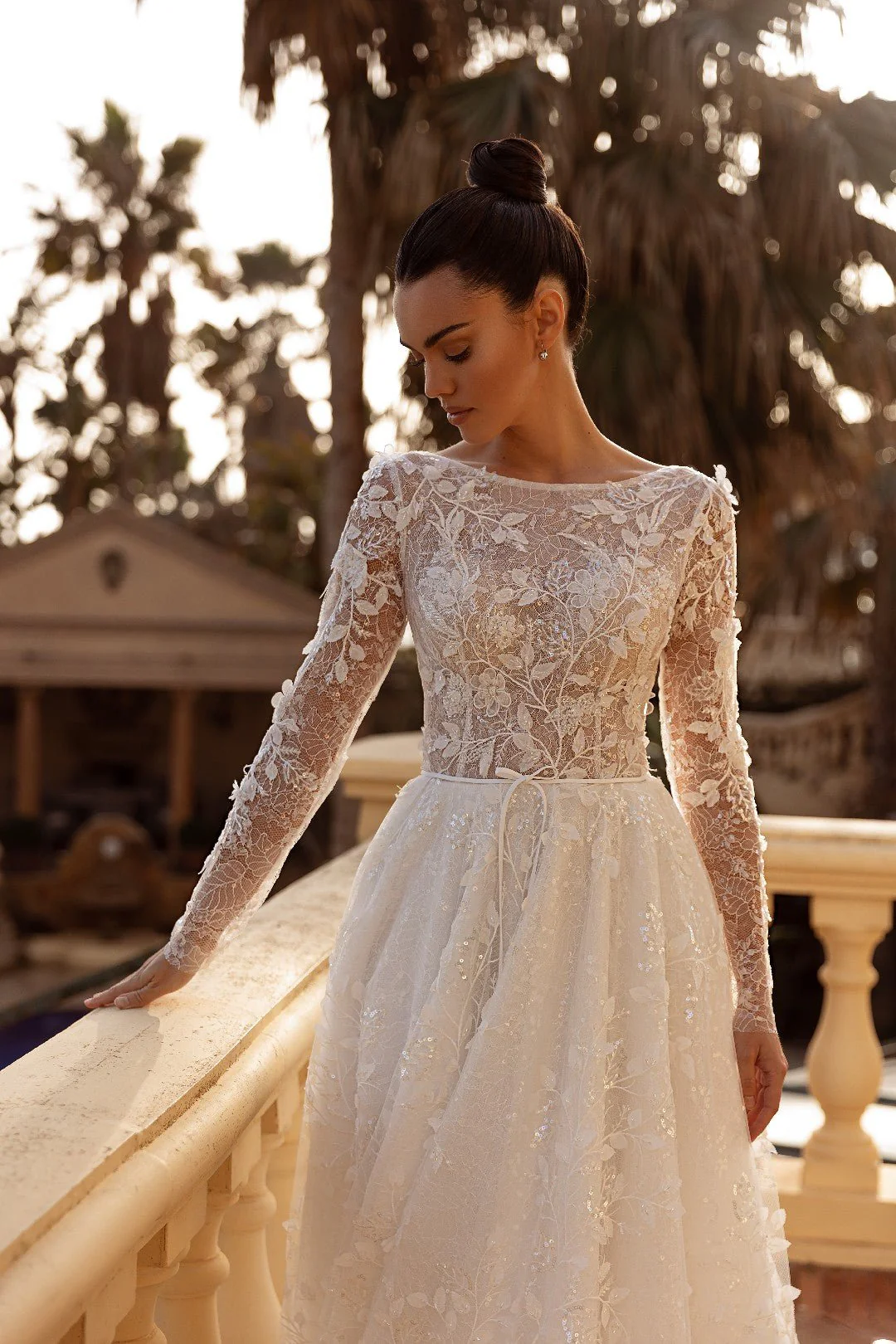 White Long-Sleeved Floral Lace Wedding Dress with Open Back and Flowing Train- Plus Size-Areli - Image 2