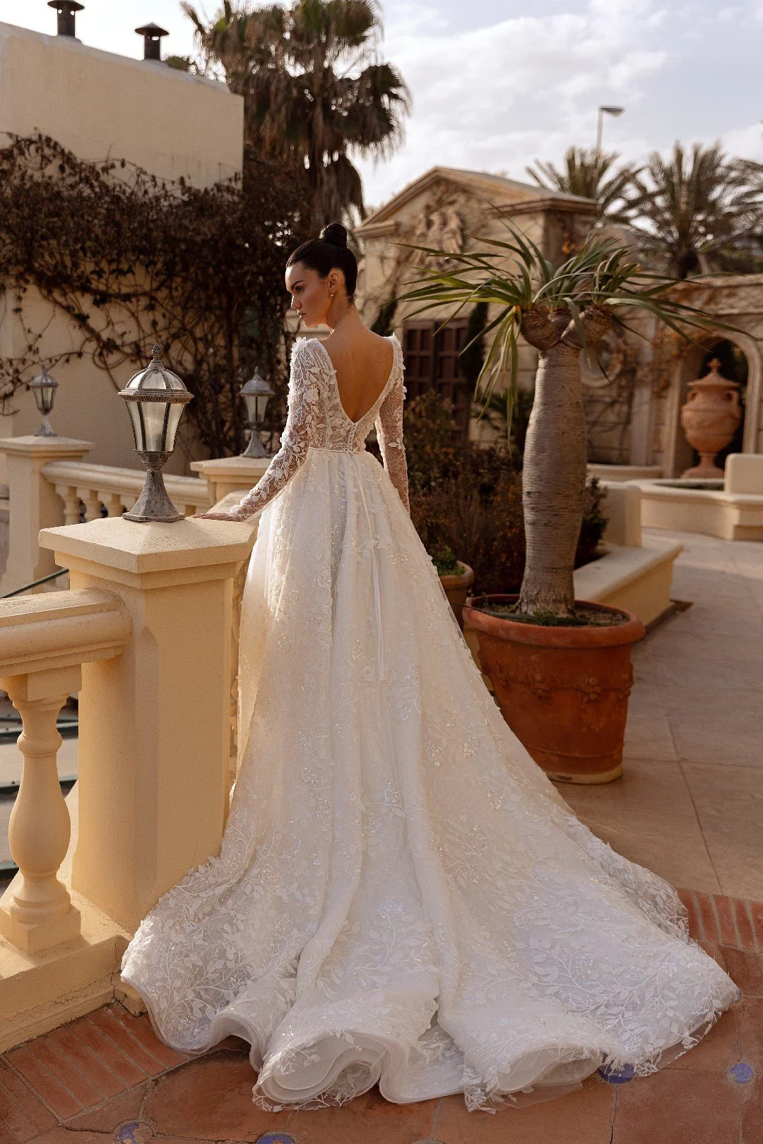White Long-Sleeved Floral Lace Wedding Dress with Open Back and Flowing Train- Plus Size-Areli - Image 4