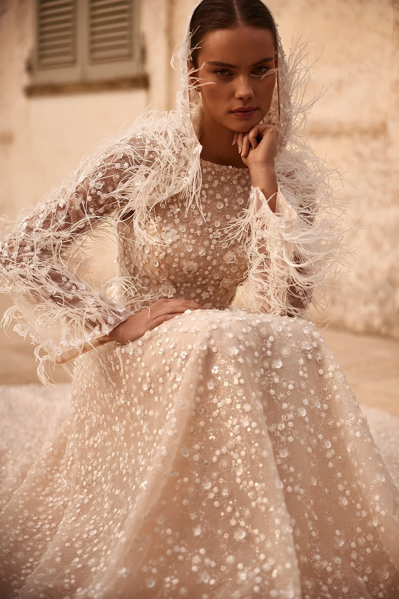 Aristocratic Sequined Gown with Feathered Bolero and Matching Gloves Plus Size - Image 4