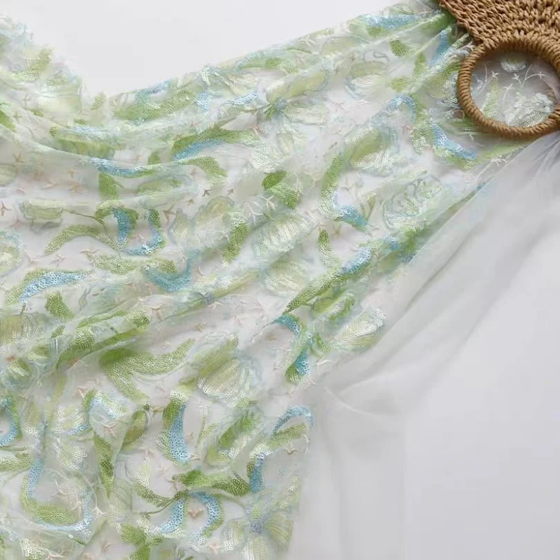 Beaded Green Tulip Floral Embroidered Lace Fabric - Image 2