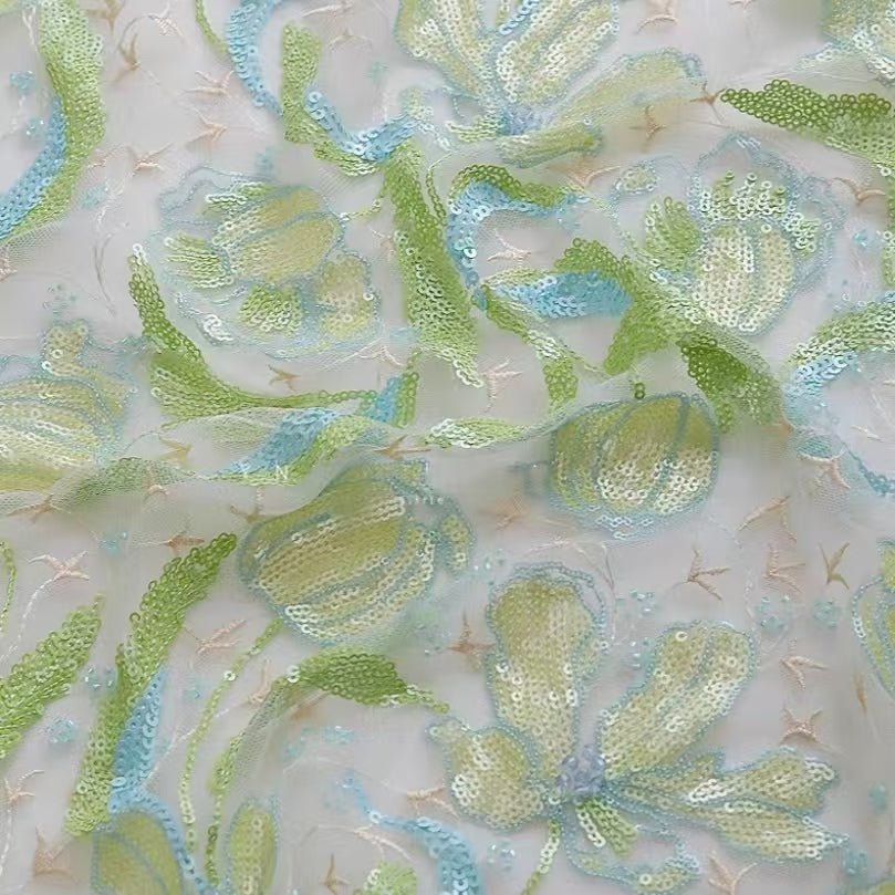 Beaded Green Tulip Floral Embroidered Lace Fabric - Image 3
