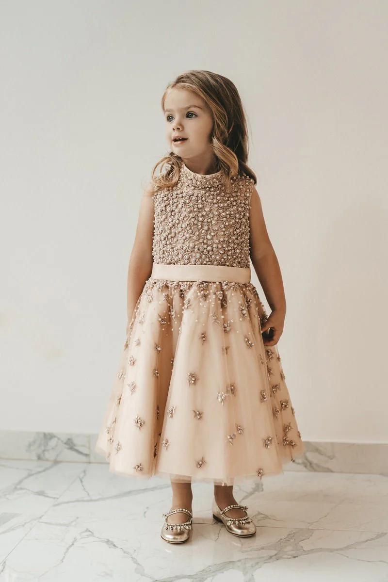 Beige Tulle Plus Size Girl’s Dress – Estelle Sleeveless Midi Gown with Pearls and Beads for Special Occasions