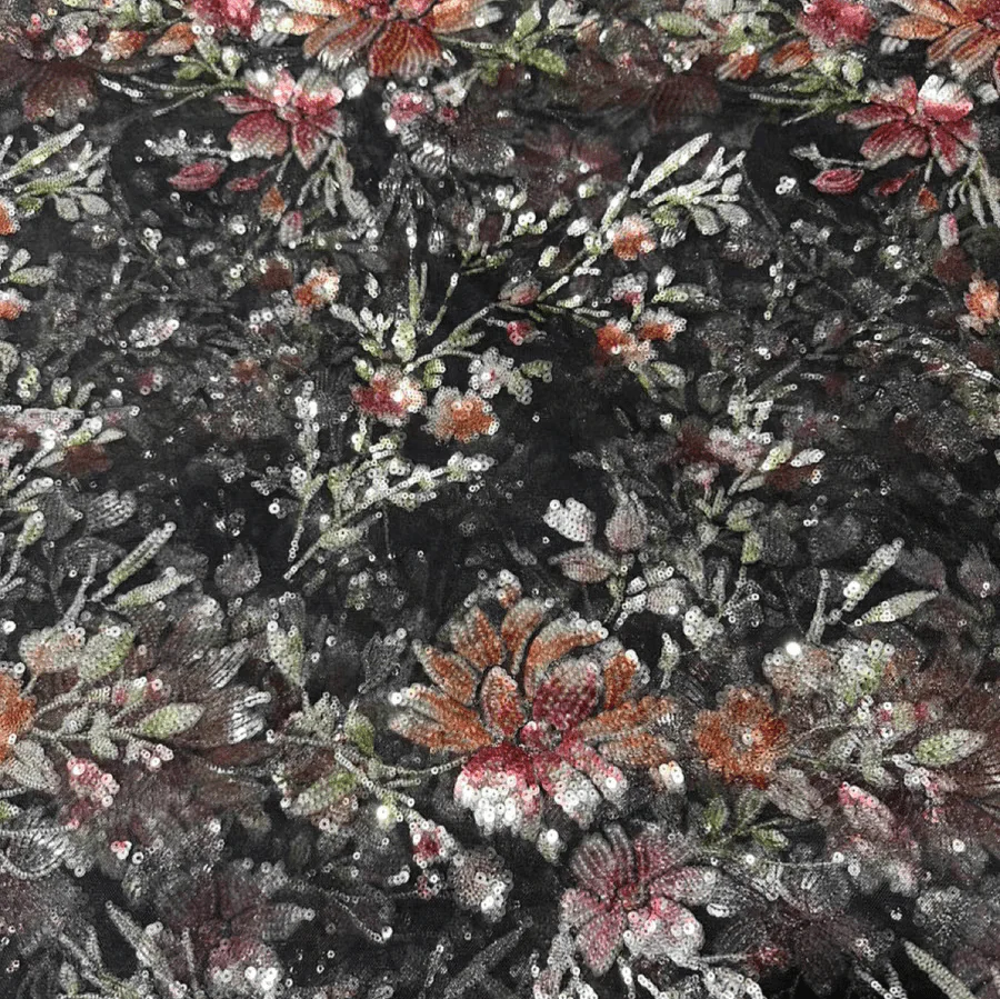 Black 3D Floral Embroidery Lace Fabric with Sequins - Image 4