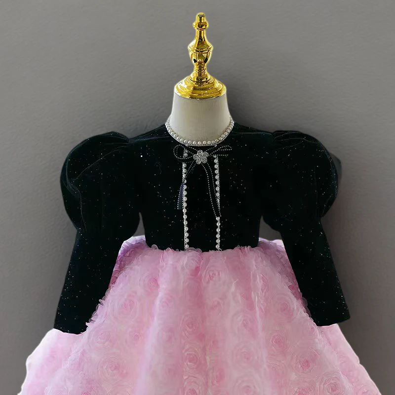 Black and Pink Long Sleeve Flower Girl Dress with Tulle Skirt – Plus Size - Image 3