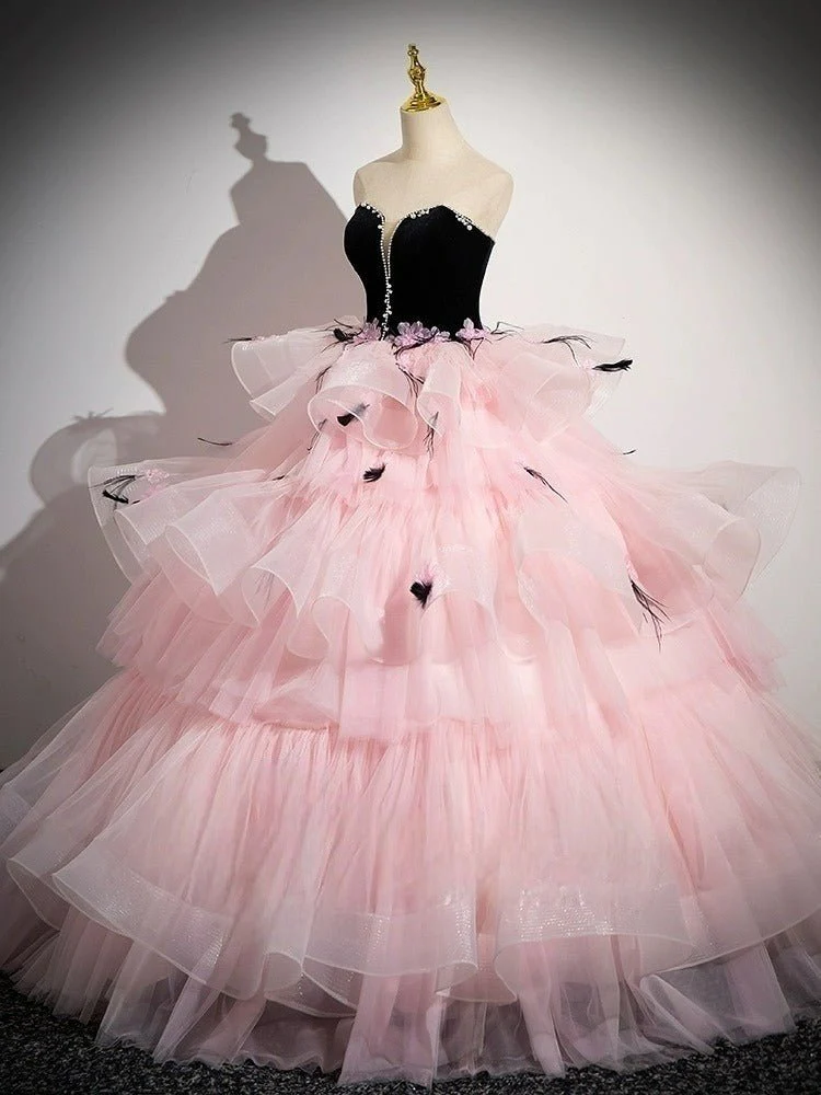 Black and Pink Tulle Party Dress with Floral Accents - Pink Evening Gown Plus Size - Image 3