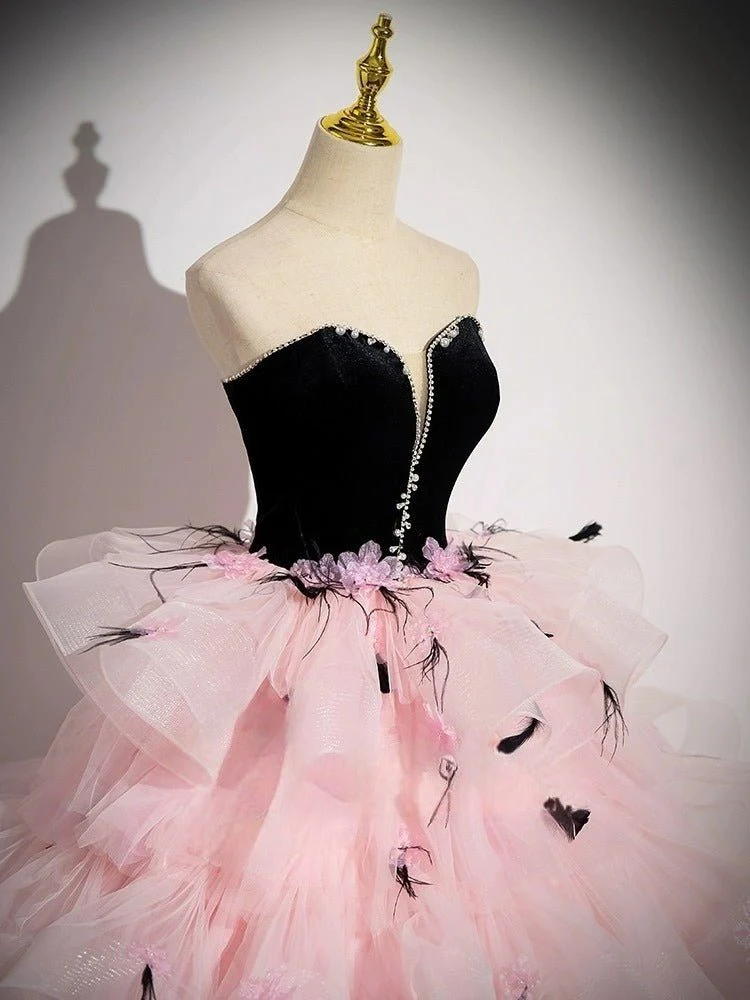 Black and Pink Tulle Party Dress with Floral Accents - Pink Evening Gown Plus Size - Image 5