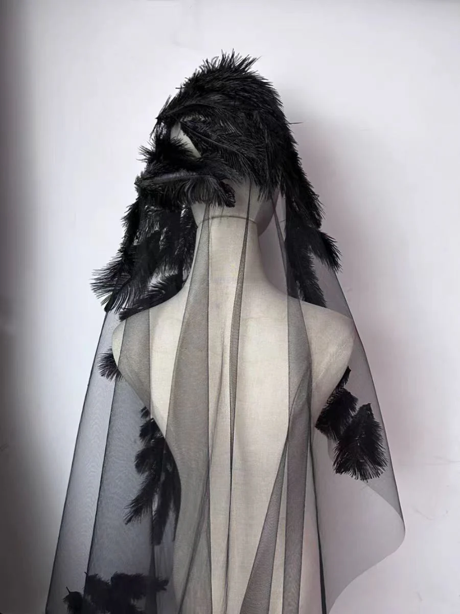 Black Feathered Gothic Veil with Dramatic Tulle Layers - Stylish Medium Length Veil - Image 3